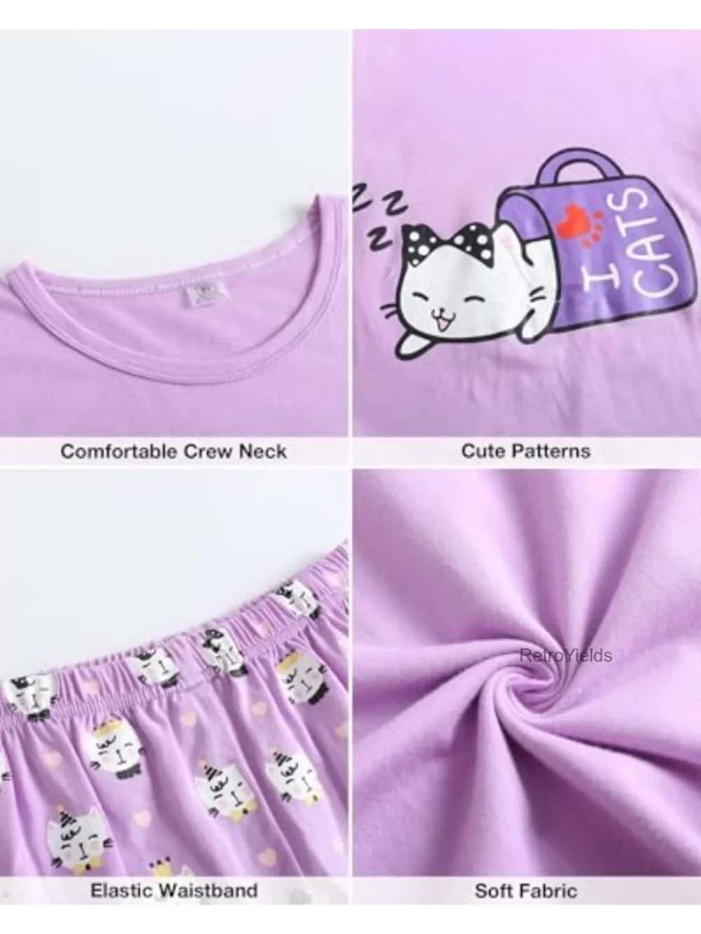 Girls Cotton Sleepwear Pajama Set Cute Cat Print Short Sleeve Nighty Comfy